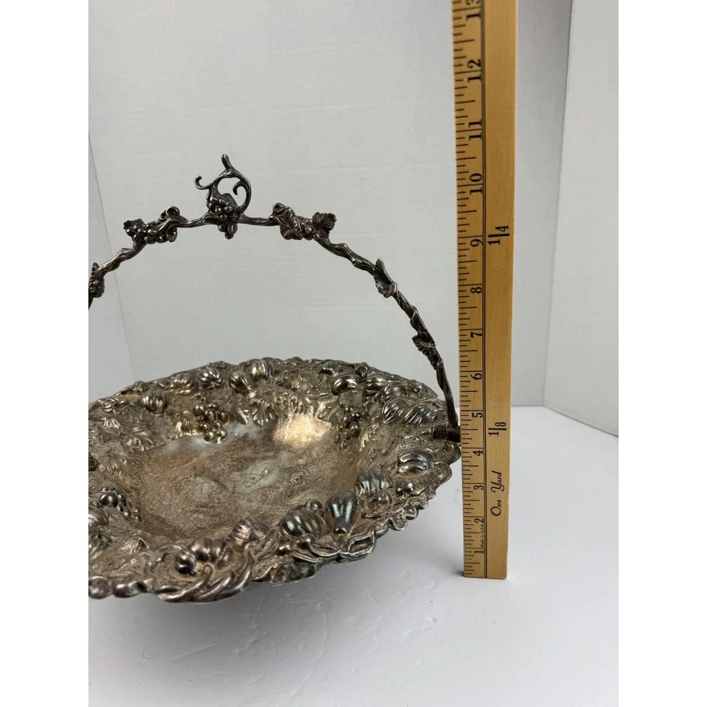 Vintage Silver Plate Tone Footed Bride Basket Repousse Grapes Gourd